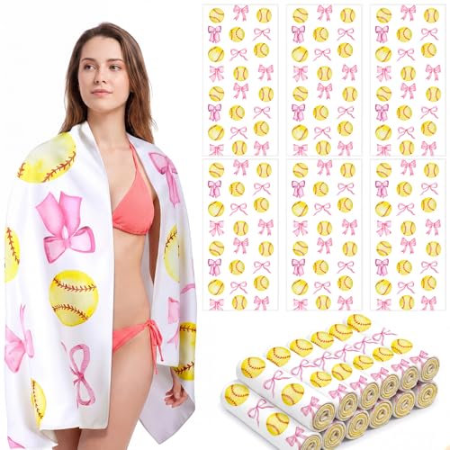 Lumina Garden 12 Pack Large Softball and Coquette Bow Beach Towel Bulk 55 x 28 Inch Pool Towel Microfiber Oversized Quick Dry for Team Woman Bath Camping Swimming Gift Sport Party Favors(Pink Bow)
