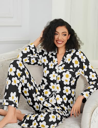 Image of SWOMOG Pajamas Women's Long Sleeve Sleepwear Soft Button Down Loungewear Pjs Set Nightwear S-XXL Black Flower
