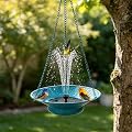 CaliDecor Hanging Solar Bird Bath Metal, 12.6" Hanging Bird Bath with Solar Fountain for Outside, Hanging Birdbath Bubbler for Outdoors Backyard Patio Garden Decor, Blue