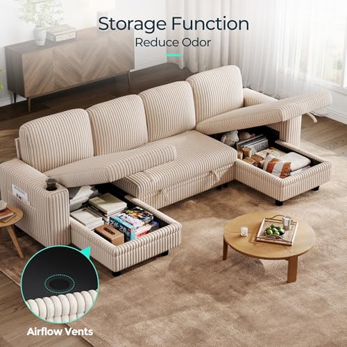 Image of LINSY HOME Sectional Sleeper Sofa with Pull Out Couch Bed - Convertible Plush Corduroy Cloud Couch with Storage Chaise & USB Charging, Comfy U Shaped Modular Couches for Living Room, Beige