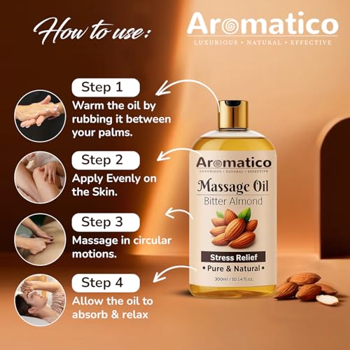 Image of AROMATICO Almond Massage Oil. Hydrates & nourishes skin, soothes irritation, improves texture & promotes relaxation - 300ml. Rich in vitamins & essential fatty acids, enhances circulation.