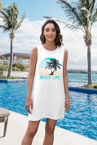 Image of MYHALF Summer Tank Dress for Women Sleeveless Beach Vacation Sundress Short Coconut Tree Sun Dress Casual Coverup