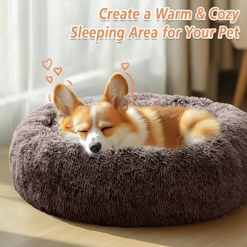 Image of JOLLYVOGUE Calming Dog Bed Medium Size Dog, 31in Donut Washable Medium Pet Bed, Anti-Slip & Anti-Anxiety Fluffy Faux Fur Round Dogs Bed, Fits up to 45 lbs Pets (Chocolate)
