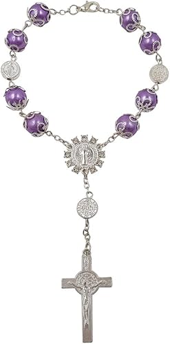 Vista 3 de Pulsera católica con cuentas de rosario automático de una década de San Benito Crucifijo Divina Misericordia Regalo