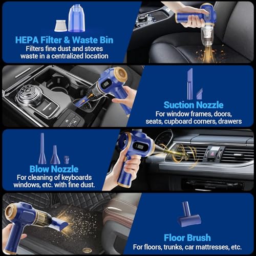 Image of Car Vacuum Portable Cordless 17000Pa Mini Handheld Vacuums | Blow and Suction with LCD Display and Multi-Nozzles, High Power for Car, Home, Office, Pet, Compact and Portable Design