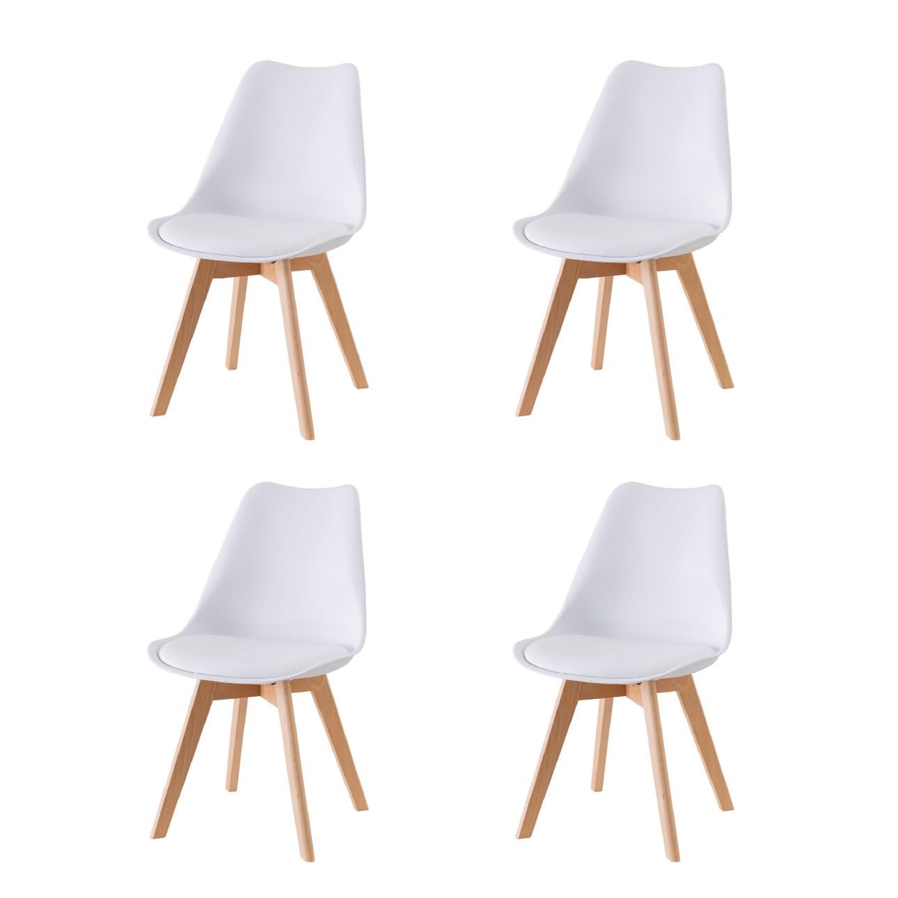 Baroni Home Set of 4 Dining or Office Chairs with Wooden Legs, Ergonomic Chair with Integrated Cushion, 57 x 48 x 79 cm, White