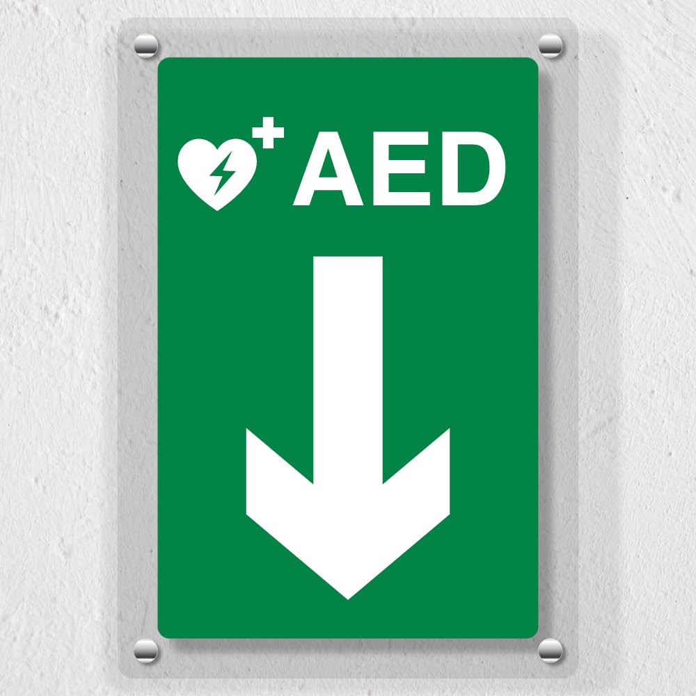 V Safety AED Arrow Down - 300 x 400 mm - Acrylic Perspex Cast Clear Safety Sign