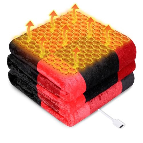 USB Powered Heated Throw Blanket for Women, 50' X 60' 9V 18W Portable Black Red Grid Electric Heating Blanket with 3 Heat Settings,8-Zone Graphene Heating Blankets for Couch Car Office Outdoor