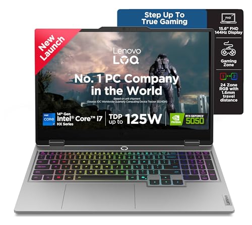 Image of Lenovo LOQ Intel Core i7-14700HX | NVIDIA RTX 5050 8GB (16GB RAM /512GB SSD /144Hz Refresh Rate /440 AI TOPS /15.6 inch (39.6cm) /Windows 11 /Office 2024 /Grey /2.4Kg), 83JE01KLIN Gaming Laptop