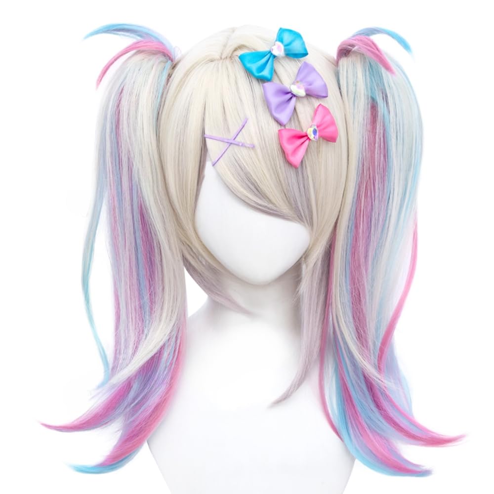 TO KU TOO YUO Game Cosplay Wig  Ombre Colorful Double Ponytails Straight With Bangs Synthetic for Women Heat Resistant Cosplay Hair 45 CM
