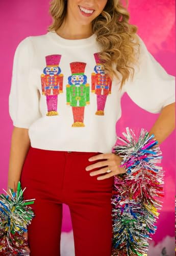 Women Puff Short Sleeve Sweater Casual Cropped Knit Shirts Cute Sparkle Holiday Graphic Print Pullover Jumper Tops3