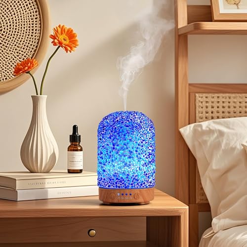 VOREEN アロマディフューザー 超音波加湿器 卓上小型 100ml ガラス工芸 7色LEDライト USB給電 空焚き防止 低騒音 ミスト調整 寝室・オフィス・ギフト用 芳香器