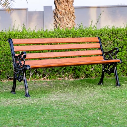 Image of BRISHI 3 Seater Cast Iron FRP Garden Bench for Indoor & Outdoor Park /Patio /Living Room /Terrace /Balcony (Black+ Wooden Texture)