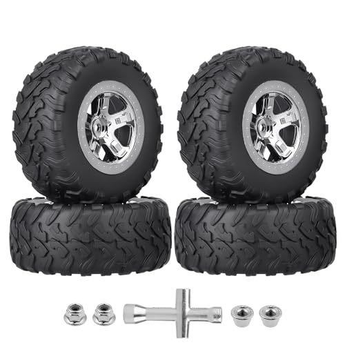HobbyPark Pre-Glued 1/10 RC Short Course Truck Tires and Wheels Chrome for Traxxas Slash 2wd 4x4 Vxl BL-2S Redcat Blackout SC Pro TR10 Losi 22S SCT 3S 4S Lipo Brushless, 4Pcs