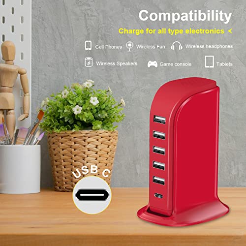Image of USB Phone Charger 6 Ports 40W Upoy, Type C Wall Charger Smart 6A, Charging Tower with 5ft Power Cord, USB Power Adapter Fast Charging, Smart Home Device Charging Station, iPhone /Ipad Accessories