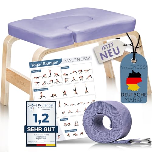 VALENESS® Yoga Kopfstandhocker - Hochwertiger Yoga Hocker inkl. Yogagurt, Yogablock & Übungsposter - Yoga Stuhl zur Handstand-Übung aus massivem Naturholz - Yoga Ausrüstung für Zuhause… (Violet)