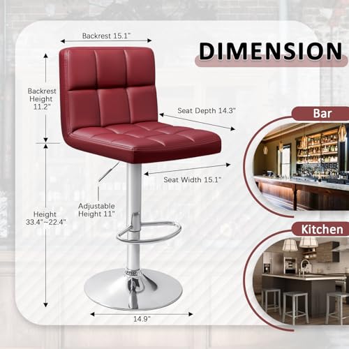 Image of Homall Bar Stools Modern PU Leather Adjustable Swivel Barstools, Armless Hydraulic Kitchen Counter Bar Stool Extra Height Square Island Barstool with Back Set of 2 (Wine Red)