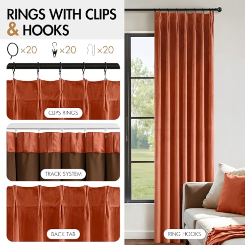 Image of MIULEE Terracotta Velvet Curtains 96 inches Long, Pinch Pleated Blackout Fall Drapes with Hooks, Thermal Insulated Pinch Pleat Panels for Bedroom Living Room, 2 Panels
