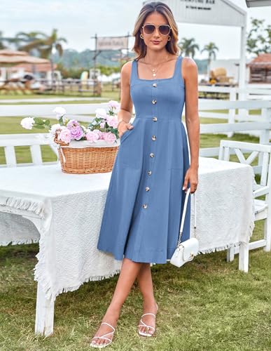 Image of GRACE KARIN Women's Summer Dress 2025 Casual Square Neck Flattering A-Line Button Down Midi Tank Sundress with Pockets