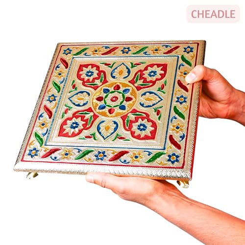Image of CHEADLE Handcrafted Wooden Pooja Chowki, Multicolor, 12x12 inch