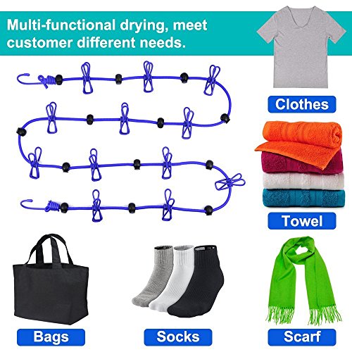 Portable Travel Clothesline, Adjustable Elastic Travel Camping Retractable Clothesline With 12Pcs Clips For Outdoor And Indoor Use (Blue) #TOP2