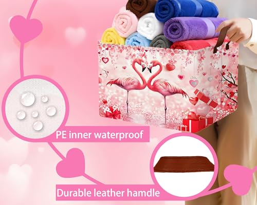 Image of Valentines Day Basket Large Foldable Heart Shaped Storage Box for Gifts Kids Empty Storage Bins Rectangular Toy Organizer Decor (Love Flamingo)