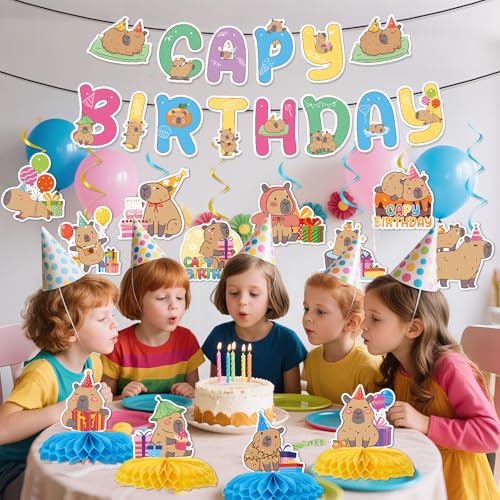 Image of Capybara Birthday Party Decorations - 14PCS Capybara Banners and Hanging Swirls Decoration Cute Capy Honeycomb Centerpieces Animals Decor Supplies