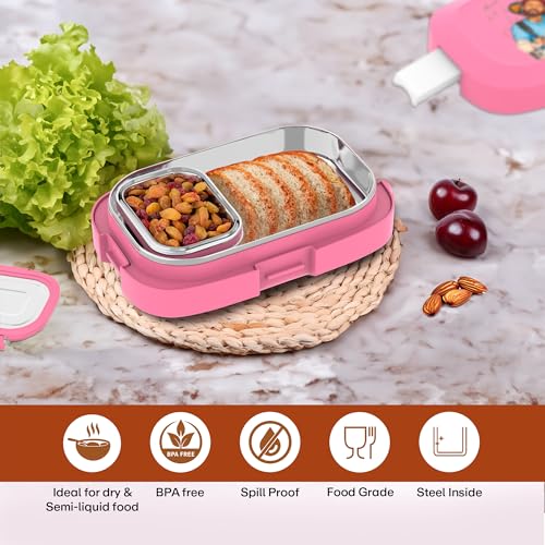 Image of Mumma's LIFE Stainless Steel Tiffin Box with 4 Side Lock Lid, 910 ml and Inner Stainless Steel Container, 135 ml, Food Grade | Air Tight | Easy to Carry | Leak Proof (Tuntun Lunch Box Pink)