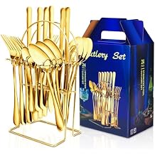 24-Piece Gold & Silverware Set with Hanging Rack Caddy - Stainless Steel Flatware for 6, Mirror Polished Cutlery Utensil Set - Kitchen Tableware with Forks, Spoons & Knives