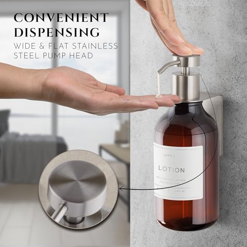 Shower Shampoo Dispenser Wall Mounted – Refillable 16.9 oz Amber Bottle with Stainless Steel Pump & No-Drill Adhesive Holder – Soap Dispenser for Bathroom (1 X Amber/Silver) - image 3
