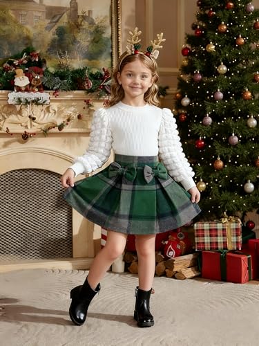 Image of Noubeau Toddler Girls Plaid Outfits Girls Puff Sleeve Knit Ribbed Shirt Tops Plaid Skirt Set Kids Fall Winter Clothes