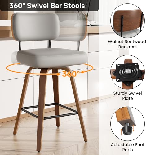 Image of Swivel Bar Stools Set of 1, 26 inch Upholstered Faux Leather Counter Height Barstools with Walnut Back & Bentwood Legs, Mid Century Modern Bar Chairs Island Stools for Kitchen Counter, Light Grey
