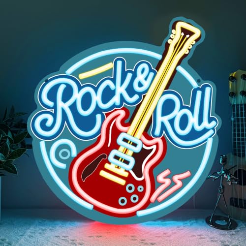 RuCvixkt Rock Roll Néon pour Décoration Murale, Néon LED Dimmable Rock and Roll Guitare pour Studio de Musique, Salon, Bar, Club, Cadeau pour Garçons...