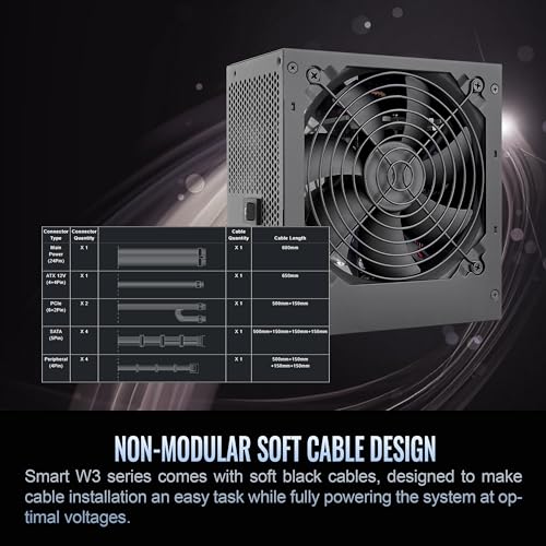 Image of Smart W3 Series 80Plus Certified 600W Power Supply; ATX v3.1 Spec; 120mm FDB Fan; 5 Year Warranty; PS-SPW-0600NNFAWU-1