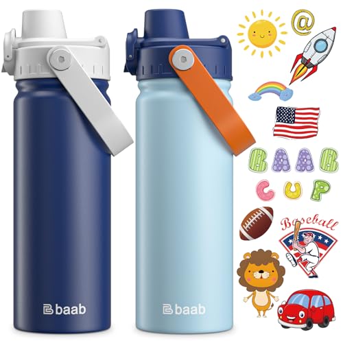 Image of baab 18oz Kids Insulated Water Bottle 18 /8 Stainless Steel Kids Cup 2 Pack | BPA-Free, DIY Stickers, Lockable Spout Lid, Leakproof & Spillproof, Easy to Clean & Carry, Gift for Boy Girl Youth School