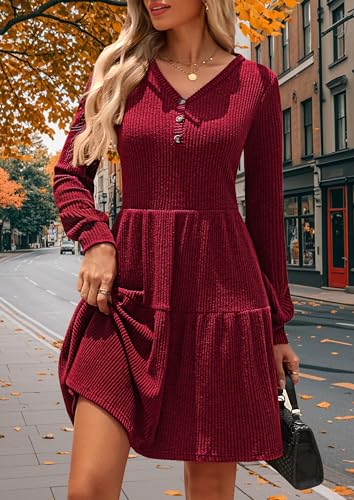 Kate Kasin Women's Long Sleeve Sweater Dresses 2025, Ribbed Knit V Neck Dress, Fall Winter A Line Babydoll Dress with Pockets2