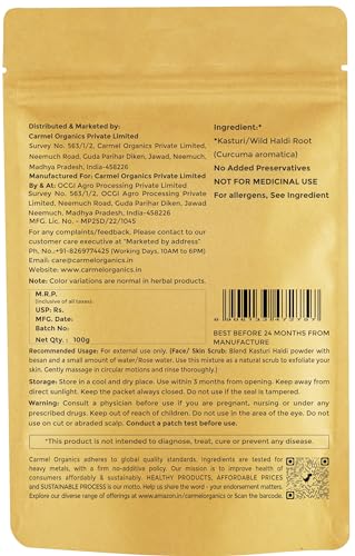Image of CARMEL ORGANICS Kasturi Haldi /Wild Turmeric Root Powder 100gm | No Added Preservatives | Kasturi Manjal Powder For Your Skin Care | Poolankilangu | Curcuma Aromatica
