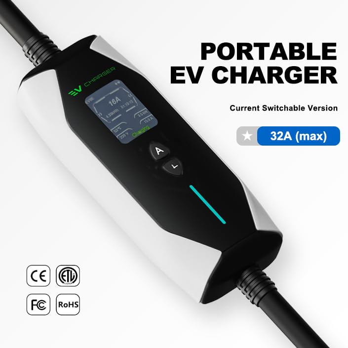 Image of 7.5 KW Portable EV Charger with smart App|6M TPU Cable + Carry Bag + CEE Socket + Holder Clips|32A, Waterproof|3 inch Screen|Adjustable Power|Auto Cut, Overload & Earthing Protection|5Yr Warranty|