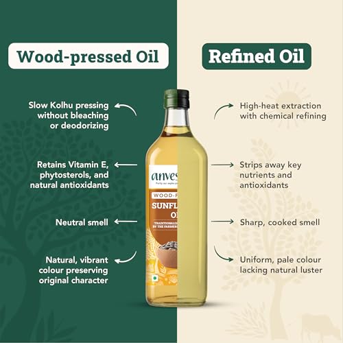 Image of Anveshan Wood Cold Pressed Sunflower Oil 1L | Plastic Bottle | Kolhu /Chekku | Extracted on Wooden Churner | Natural | Chemical-Free | Cold Pressed Sunflower Oil for Cooking