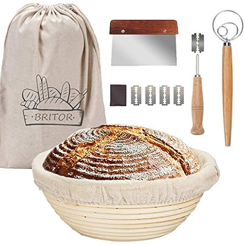 BRITOR Bread Proofing Basket, 9 Inch Large Banneton Bread Proofing Basket, Round Bread Lame, Proofing Basket Kit with Dough Scraper, Linen Liner Cloth, Dough Whisk, Storage Bag Cover