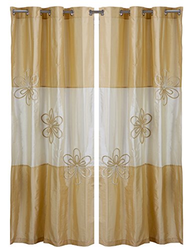 WPM WORLD PRODUCTS MART Designer Collection Home DÃ©cor: 2 Piece Grommets India Faux Silk Gold Beige Flower Print Curtains/Panels + 2 Matching Tie Backs