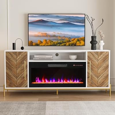 BELLEZE 68" Wood TV Stand with 36" Electric Fireplace, Entertainment Center with Storage Cabinet, Console Table for TVs up to 75 Inches, for Living Room, Bedroom - Harper (White Ebony)