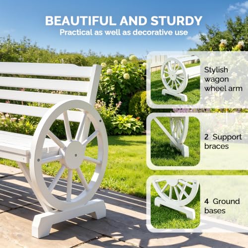 Image of VINGLI Rustic Wooden Wheel Bench Outdoor Bench, Patio Bench Wagon Slatted Seat, Garden Benches for Outdoors 350lbs High Capacity, Weather Resistance (White, 55in)