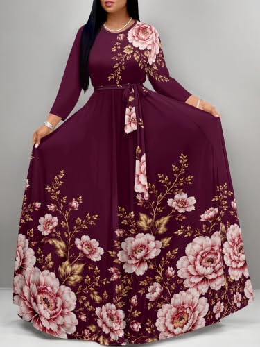 Image of Women Plus Size Long Sleeve V Neck Maxi Dress with Belt | Soft fabric relaxed fit three quarter sleeve v neck with pockets for party and daily wear