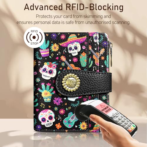 Image of Kelvoris Skull Small Rfid Women Wallet Bifold Zipper Coin Pocket PU Leather Compact Cash Credit Card Holder Travel Wallet for Female Ladies Teen Girls 1 ID Window 10 Card Slots Day of The Dead