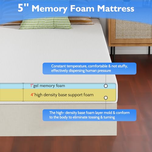 Image of FDW | 5 Inch Twin XL Mattress | Medium Firm | Gel Memory Foam Mattress | White | Bed in a Box, CertiPUR-US Certified | Pressure Relief, Cooling Ventilated Foam | Washable Removable Cover