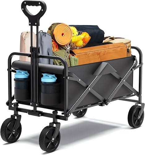 DOFEN Garden Wagon Cart Foldable Heavy Duty 150KG All-Terrain Utility Cart with Removable Fabric & Big Wheels Portable Folding Wagon for Beach Camping Grocery Shopping Gardening Festivals (Black)