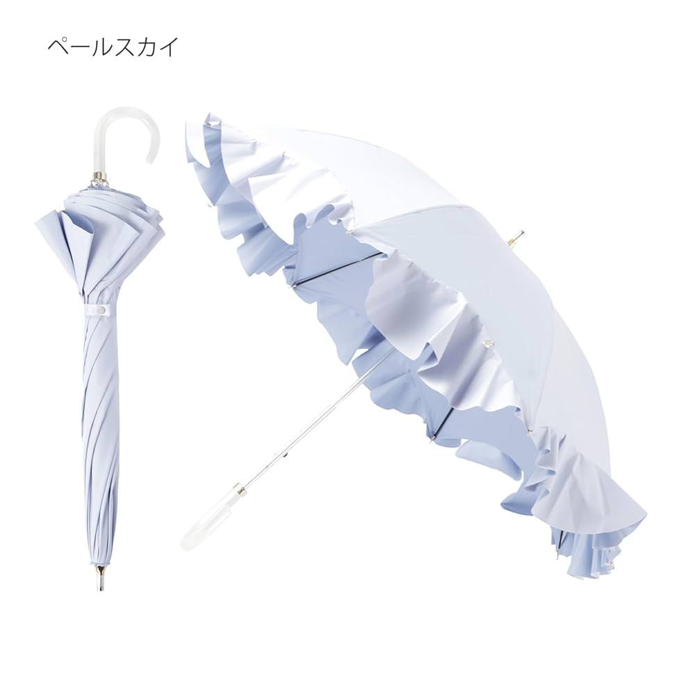 ランバンオンブルー　　ネイビー　長傘　リボン　フリル　大判 晴雨兼用日傘 長傘 フレア フリル チャーム 遮光 遮熱 UV