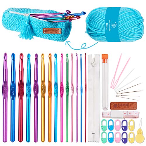 Crochet Hook Set with DIY Crochet Yarn Case, Crochet Accessories Kit Including 14pcs Ergonomic Crochet Hooks, Needles, Stitch Markers & More for Crocheting,Perfect for Arthritic Hands
