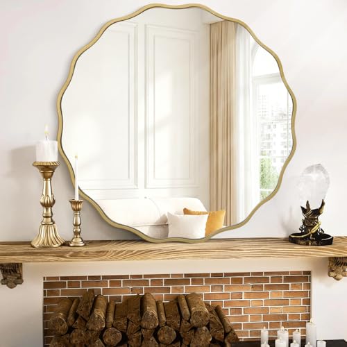 MWAZZLL Gold Mirrors with Wavy Framed Wooden Round Wall Mirror Home Decor 45cm for Bedroom Living Room Entryway Bathroom
